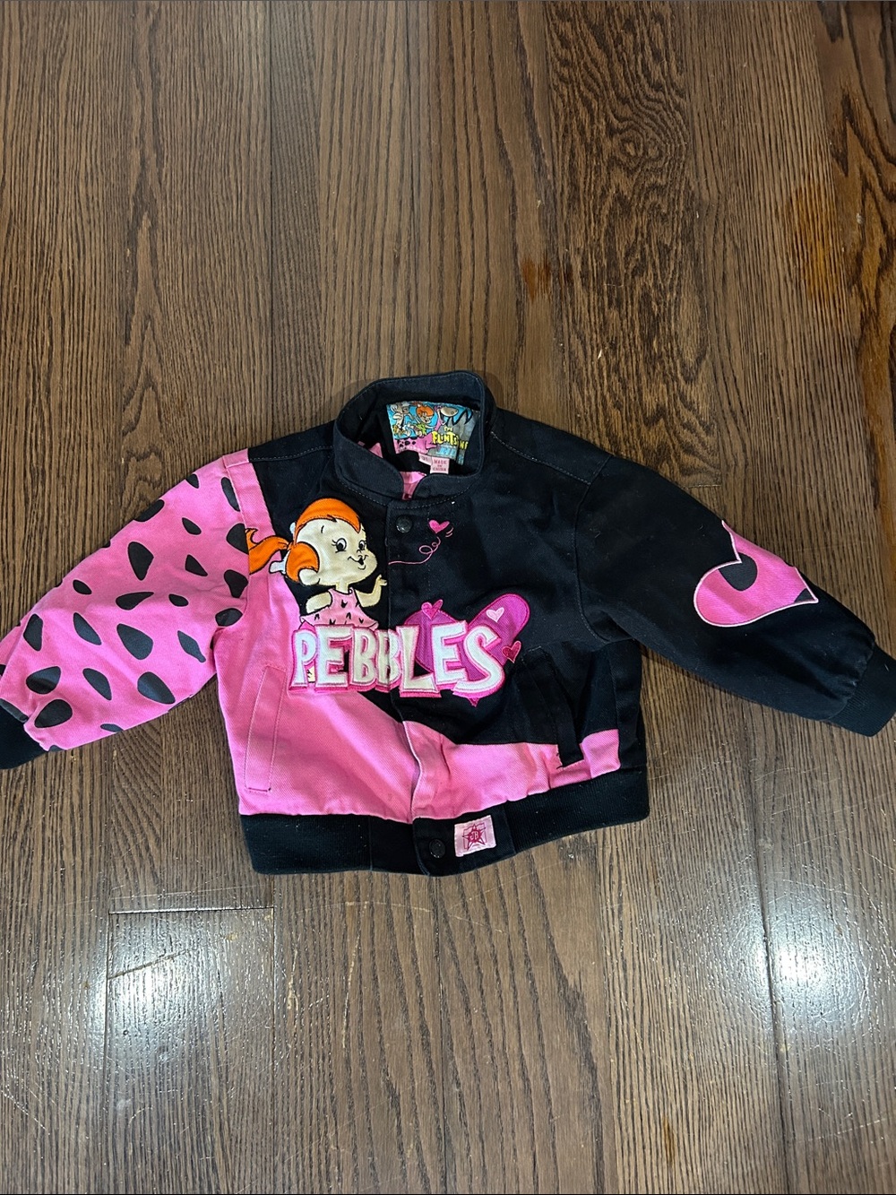 Vtg JH Design pink black Flintstones pebbles racing moto jacket sz 3T